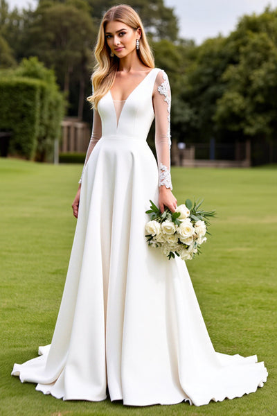 White Satin Sweep Train Illusion V Neck Wedding Dress with Lace