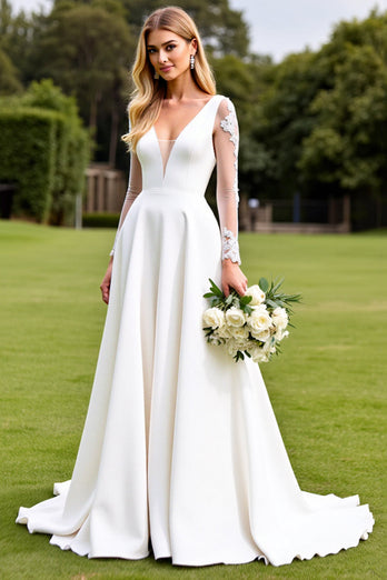 White Satin Sweep Train Illusion V Neck Wedding Dress with Lace