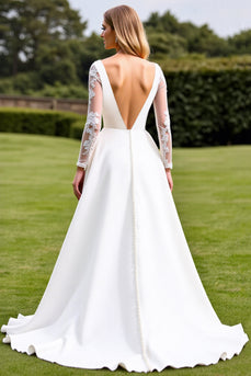 White Satin Sweep Train Illusion V Neck Wedding Dress with Lace