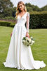 Load image into Gallery viewer, White Satin Sweep Train Illusion V Neck Wedding Dress with Lace