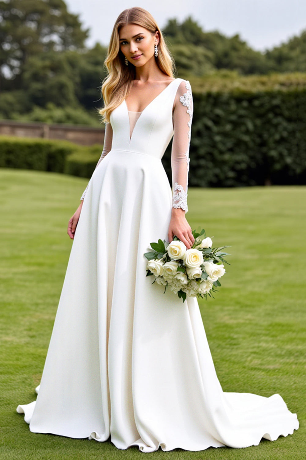 White Satin Sweep Train Illusion V Neck Wedding Dress with Lace