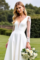 Load image into Gallery viewer, White Satin Sweep Train Illusion V Neck Wedding Dress with Lace