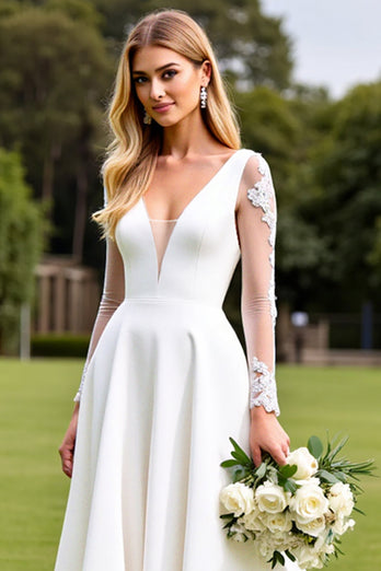 White Satin Sweep Train Illusion V Neck Wedding Dress with Lace