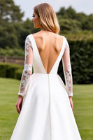 Load image into Gallery viewer, White Satin Sweep Train Illusion V Neck Wedding Dress with Lace