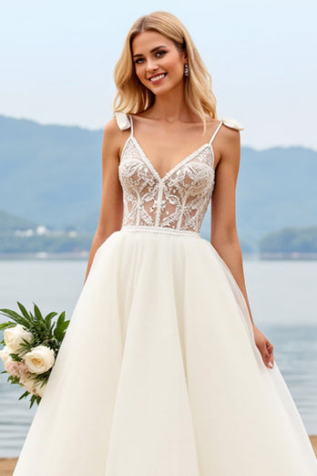 Ivory Organza Sweep Train V Neck Ball Gwon Wedding Dress with Bow