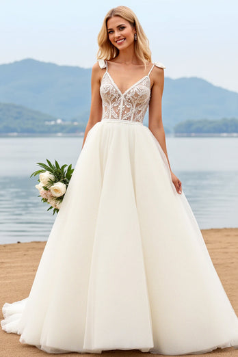 Ivory Organza Sweep Train V Neck Ball Gwon Wedding Dress with Bow