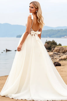 Ivory Organza Sweep Train V Neck Ball Gwon Wedding Dress with Bow