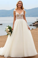 Load image into Gallery viewer, Ivory Organza Sweep Train V Neck Ball Gwon Wedding Dress with Bow