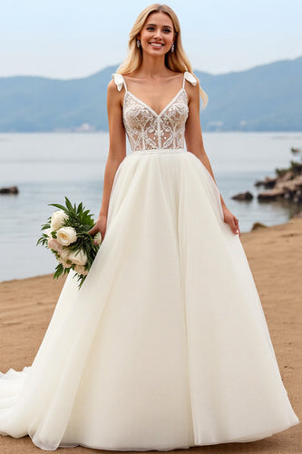 Ivory Organza Sweep Train V Neck Ball Gwon Wedding Dress with Bow