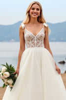 Load image into Gallery viewer, Ivory Organza Sweep Train V Neck Ball Gwon Wedding Dress with Bow
