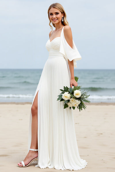 White Chiffon Sweep Train Cold Shoulder Ruched Boho Wedding Dress with Slit