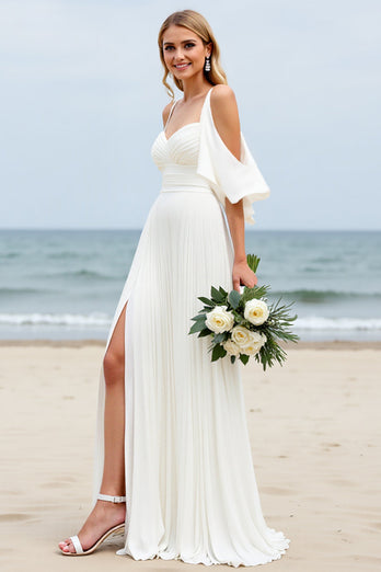 White Chiffon Sweep Train Cold Shoulder Ruched Boho Wedding Dress with Slit