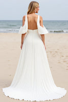 Load image into Gallery viewer, White Chiffon Sweep Train Cold Shoulder Ruched Boho Wedding Dress with Slit
