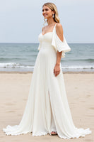 Load image into Gallery viewer, White Chiffon Sweep Train Cold Shoulder Ruched Boho Wedding Dress with Slit