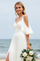 Load image into Gallery viewer, White Chiffon Sweep Train Cold Shoulder Ruched Boho Wedding Dress with Slit
