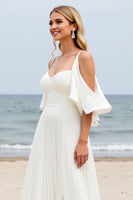 Load image into Gallery viewer, White Chiffon Sweep Train Cold Shoulder Ruched Boho Wedding Dress with Slit