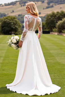 Ivory Satin Sweep Train V Neck Wedding Jumpsuits with Lace