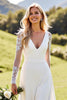 Load image into Gallery viewer, Ivory Satin Sweep Train V Neck Wedding Jumpsuits with Lace