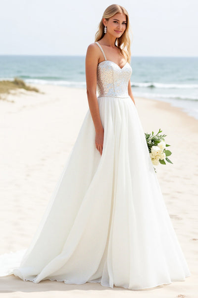 Ivory Organza Sweep Train Spaghetti Straps Boho Wedding Dress with Sequins
