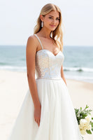 Load image into Gallery viewer, Ivory Organza Sweep Train Spaghetti Straps Boho Wedding Dress with Sequins