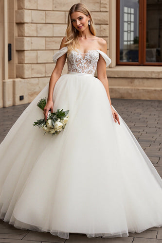 Ivory Organza Floor Length Off the Shoulder Ball Gown Wedding Dress with Lace