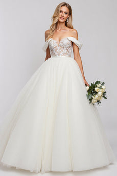 Ivory Organza Floor Length Off the Shoulder Ball Gown Wedding Dress with Lace