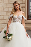 Load image into Gallery viewer, Ivory Organza Floor Length Off the Shoulder Ball Gown Wedding Dress with Lace