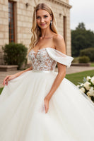 Load image into Gallery viewer, Ivory Organza Floor Length Off the Shoulder Ball Gown Wedding Dress with Lace
