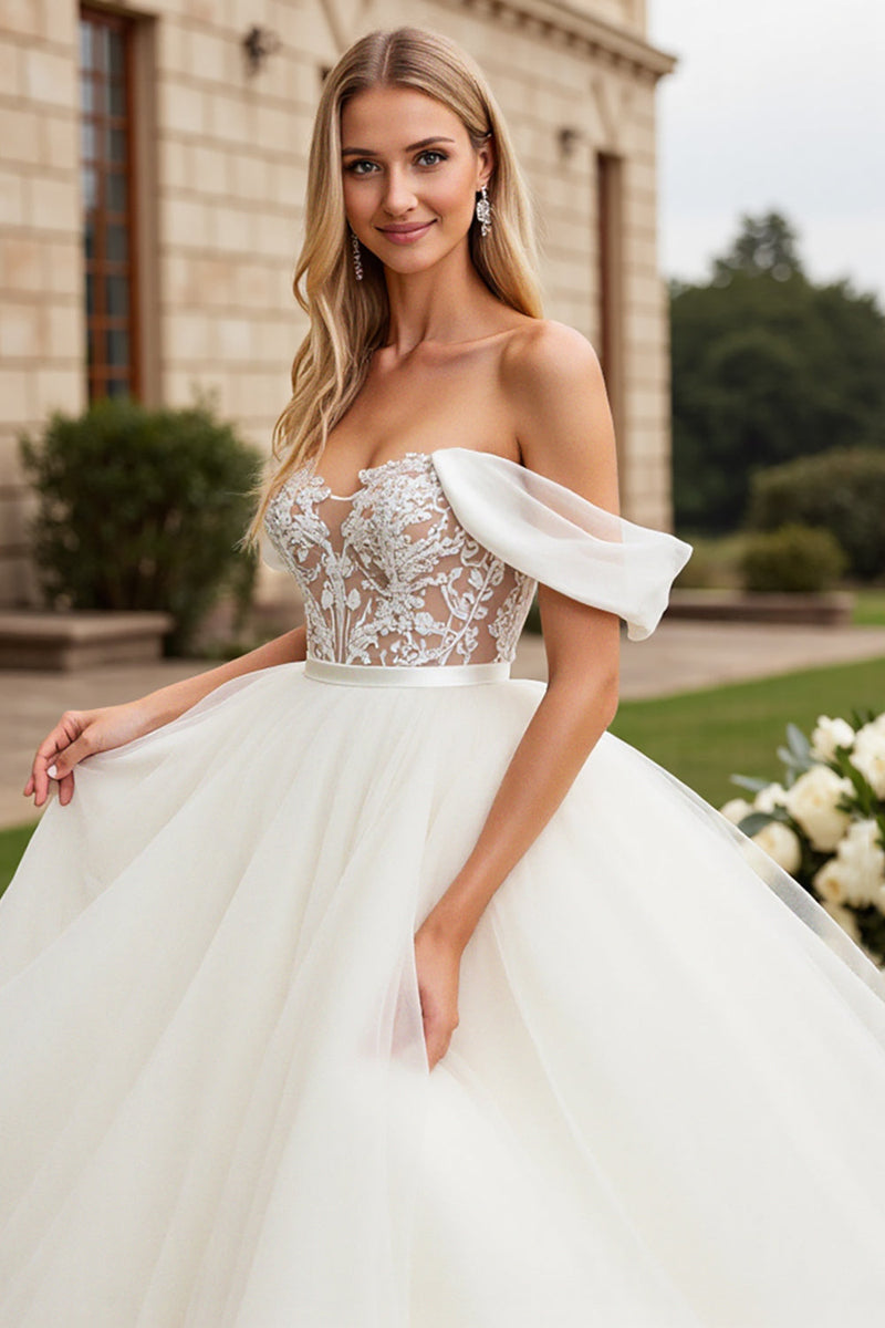 Load image into Gallery viewer, Ivory Organza Floor Length Off the Shoulder Ball Gown Wedding Dress with Lace