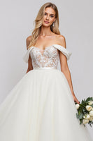 Load image into Gallery viewer, Ivory Organza Floor Length Off the Shoulder Ball Gown Wedding Dress with Lace