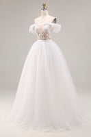 Load image into Gallery viewer, Ivory Organza Off the Shoulder Floor Length Ball Gown Wedding Dress with Lace