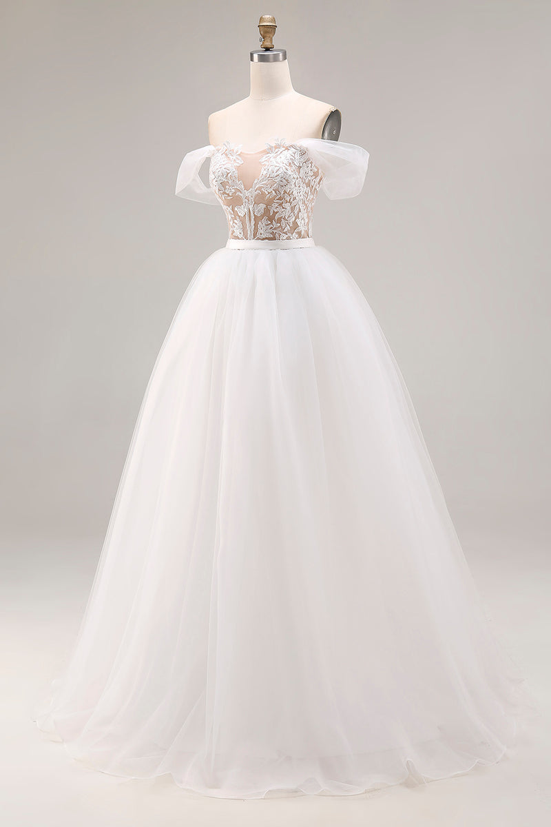 Load image into Gallery viewer, Ivory Organza Off the Shoulder Floor Length Ball Gown Wedding Dress with Lace