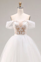 Load image into Gallery viewer, Ivory Organza Off the Shoulder Floor Length Ball Gown Wedding Dress with Lace