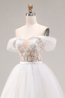 Load image into Gallery viewer, Ivory Organza Off the Shoulder Floor Length Ball Gown Wedding Dress with Lace