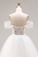 Load image into Gallery viewer, Ivory Organza Off the Shoulder Floor Length Ball Gown Wedding Dress with Lace