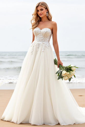 Ivory Organza Sweep Train Strapless Ball Gown Wedding Dress with Appliques