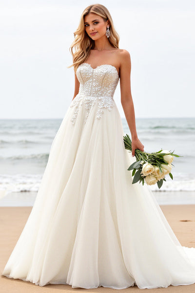Ivory Organza Sweep Train Strapless Ball Gown Wedding Dress with Appliques