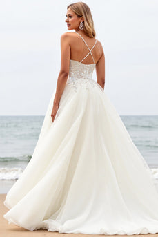 Ivory Organza Sweep Train Strapless Ball Gown Wedding Dress with Appliques