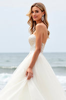 Load image into Gallery viewer, Ivory Organza Sweep Train Strapless Ball Gown Wedding Dress with Appliques