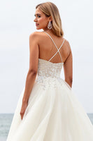 Load image into Gallery viewer, Ivory Organza Sweep Train Strapless Ball Gown Wedding Dress with Appliques
