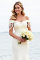 Load image into Gallery viewer, Ivory Satin Sweep Train Off the Shoulder Mermaid Wedding Dress with Lace