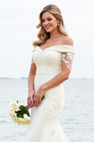 Load image into Gallery viewer, Ivory Satin Sweep Train Off the Shoulder Mermaid Wedding Dress with Lace