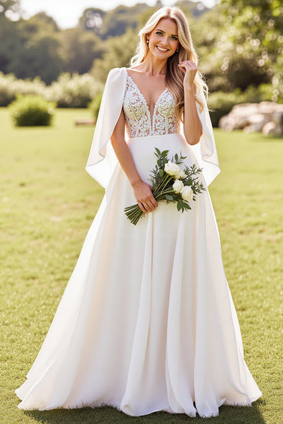 Ivory Chiffon V Neck Sweep Train Boho Wedding Dress with Cape
