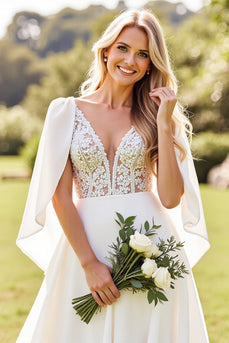 Ivory Chiffon V Neck Sweep Train Boho Wedding Dress with Cape