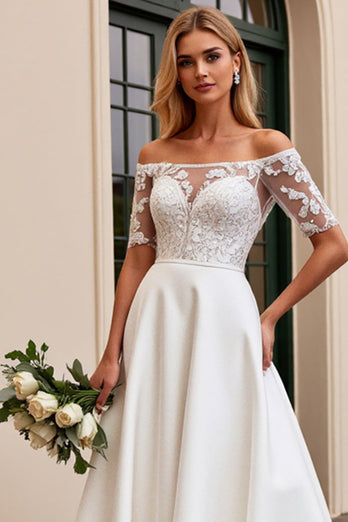 Ivory Satin A Line Off the Shoulder Sweep Train Wedding Dress with Lace