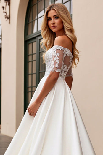 Ivory Satin A Line Off the Shoulder Sweep Train Wedding Dress with Lace