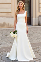 Load image into Gallery viewer, Simple Ivory Satin Square Neck Sweep Train Mermaid Wedding Dress