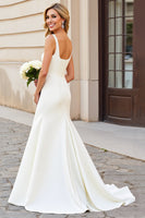 Load image into Gallery viewer, Simple Ivory Satin Square Neck Sweep Train Mermaid Wedding Dress