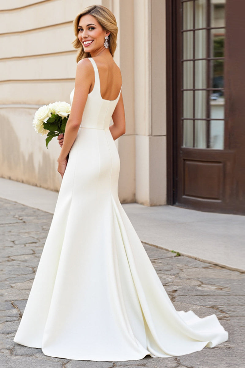 Load image into Gallery viewer, Simple Ivory Satin Square Neck Sweep Train Mermaid Wedding Dress