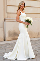 Load image into Gallery viewer, Simple Ivory Satin Square Neck Sweep Train Mermaid Wedding Dress